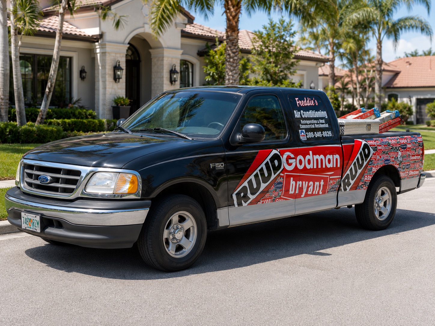 Freddie's Air Conditioning black Ford F-150 service truck, lettered with the company name and (386) 546-8626, parked in front of a Florida home
